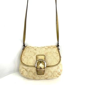 Coach Metallic Gold Beige Signature Jacquard Small Crossbody Bag Purse Buckle